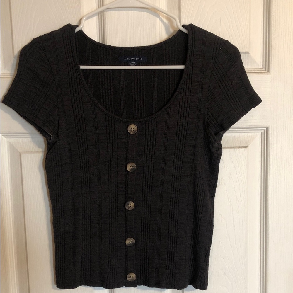 American Eagle Outfitters Dark Gray Button-Down Women's Short Top